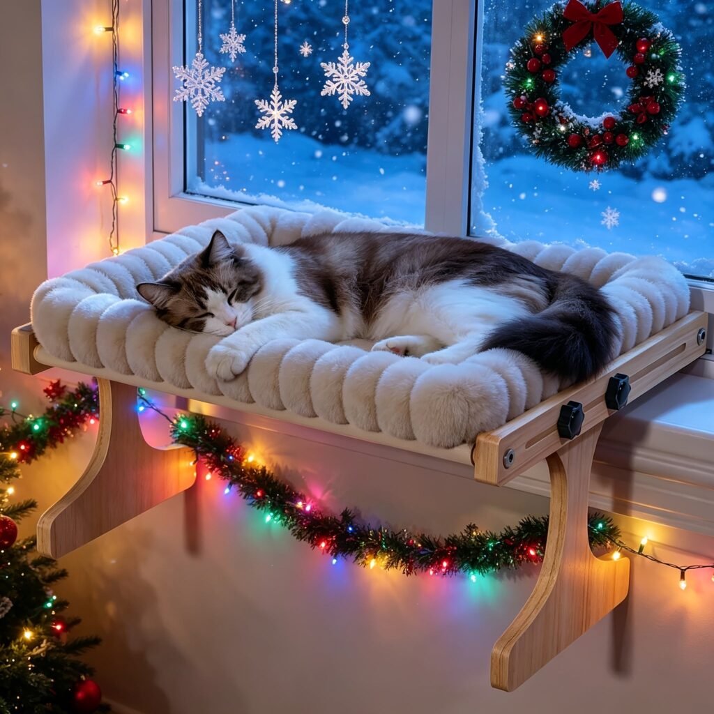 Adjustable Wooden Cat Window Perch - Solid Pine Hammock Bed with Soft Cushion